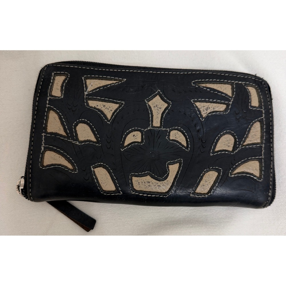 Anthropologie Womens Wallet Leather Cutout Floral Boho Zip Around Accordion